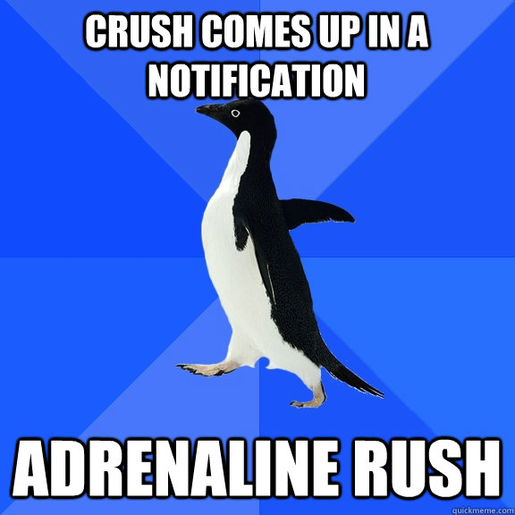 Crush comes up in a notification  adrenaline rush  Socially Awkward Penguin