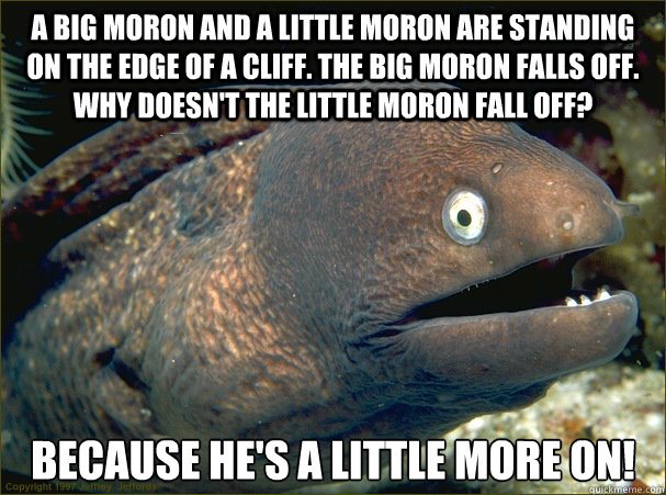 A big moron and a little moron are standing on the edge of a cliff. The big moron falls off. Why doesn't the little moron fall off? Because he's a little more on! - A big moron and a little moron are standing on the edge of a cliff. The big moron falls off. Why doesn't the little moron fall off? Because he's a little more on!  Bad Joke Eel