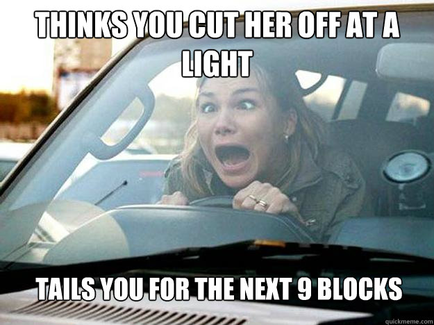 thinks you cut her off at a light tails you for the next 9 blocks  Mayhem Female Driver