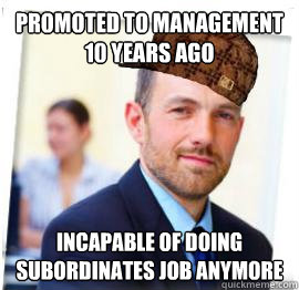 promoted to management 10 years ago Incapable of doing subordinates job anymore  