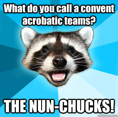 What do you call a convent acrobatic teams? THE NUN-CHUCKS!  Lame Pun Coon
