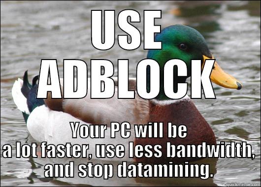 USE ADBLOCK YOUR PC WILL BE A LOT FASTER, USE LESS BANDWIDTH, AND STOP DATAMINING. Actual Advice Mallard