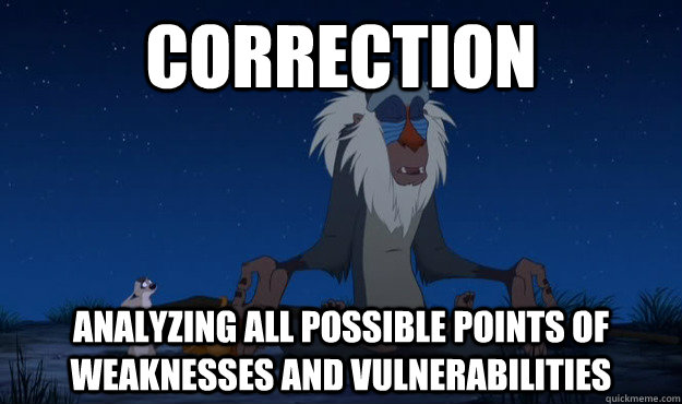 Correction Analyzing all possible points of weaknesses and vulnerabilities  Correction Rafiki