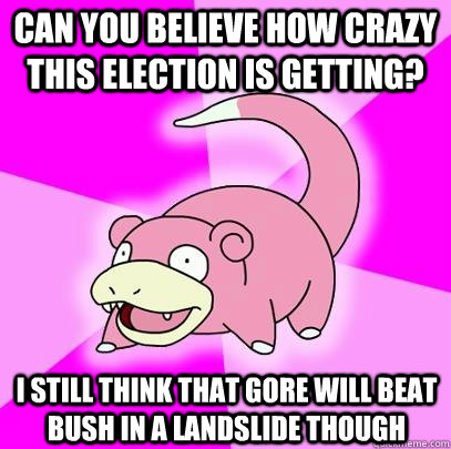Can you believe how crazy this election is getting? I still think that Gore will beat Bush in a landslide though  Slowpoke