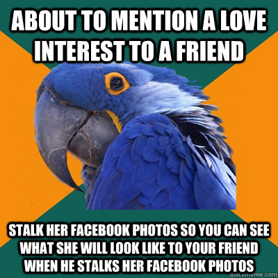 About to mention a love interest to a friend Stalk her facebook photos so you can see what she will look like to your friend when he stalks her facebook photos  Paranoid Parrot