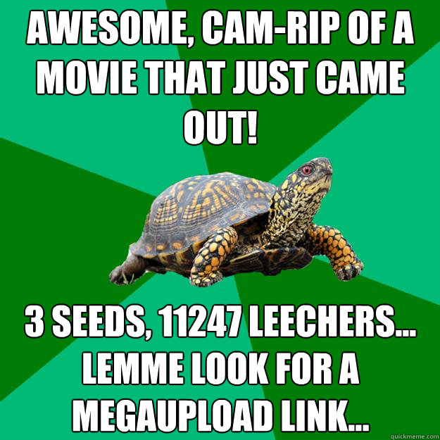 AWESOME, CAM-RIP OF A MOVIE THAT JUST CAME OUT! 3 Seeds, 11247 leechers...
Lemme look for a megaupload link...  Torrenting Turtle