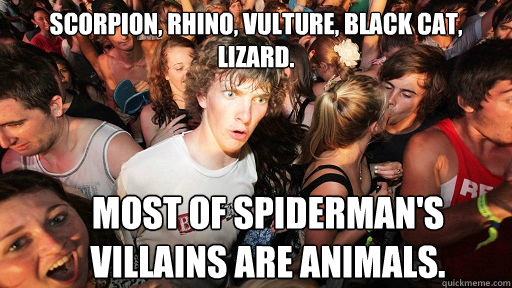 Scorpion, Rhino, Vulture, Black Cat, Lizard. Most of spiderman's villains are animals.  Sudden Clarity Clarence