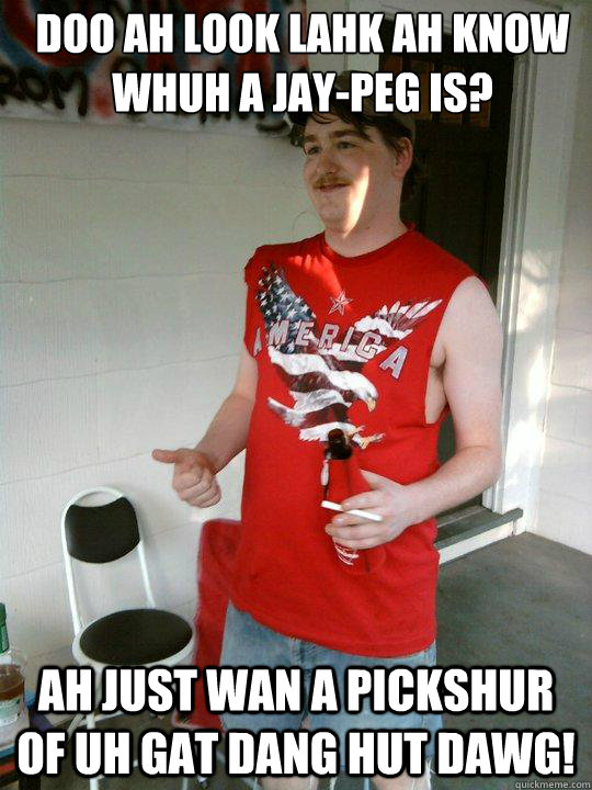 Doo ah look lahk ah know whuh a jay-peg is? Ah just wan a pickshur of uh gat dang hut dawg!  Redneck Randal