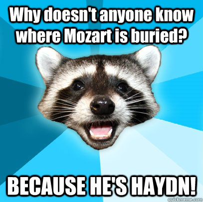 Why doesn't anyone know where Mozart is buried? BECAUSE HE'S HAYDN! - Why doesn't anyone know where Mozart is buried? BECAUSE HE'S HAYDN!  Lame Pun Coon