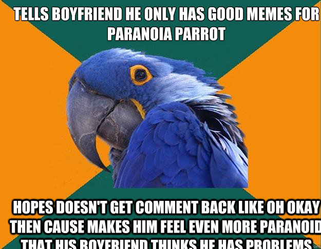 tells boyfriend he only has good memes for paranoia parrot hopes doesn't get comment back like oh okay then cause makes him feel even more paranoid that his boyfriend thinks he has problems  Paranoid Parrot