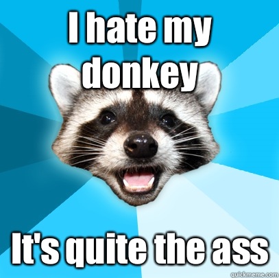 I hate my donkey It's quite the ass  Lame Pun Coon