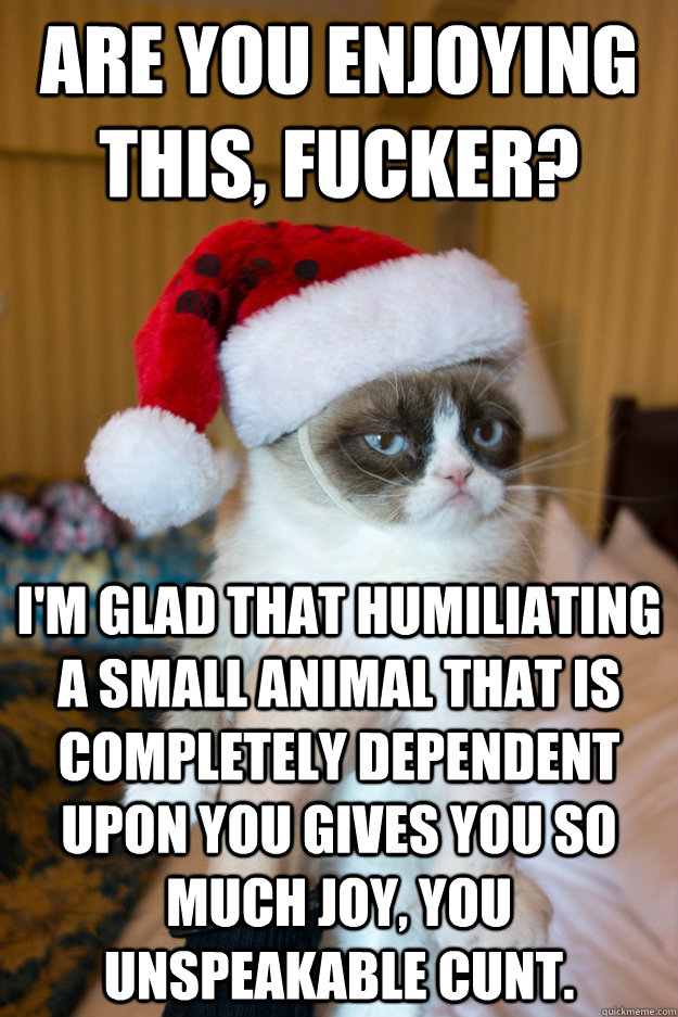 are you enjoying this, fucker? i'm glad that humiliating a small animal that is completely dependent upon you gives you so much joy, you unspeakable cunt.  Grumpy xmas