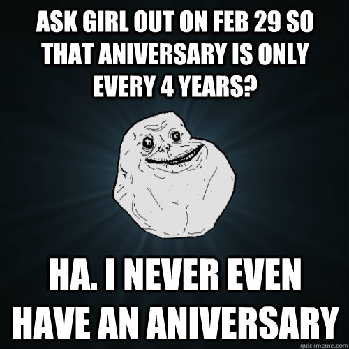 ask girl out on feb 29 so that aniversary is only every 4 years? HA. I never even have an aniversary  Forever Alone