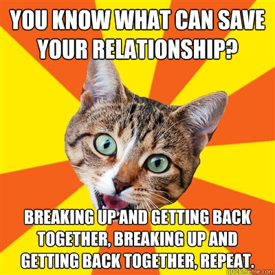you know what can save your relationship? Breaking up and getting back together, breaking up and getting back together, repeat.  Bad Advice Cat