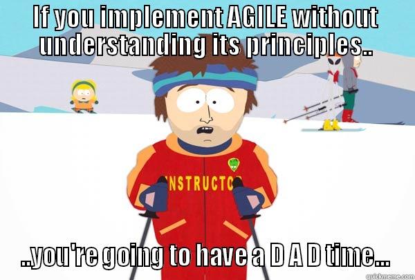 IF YOU IMPLEMENT AGILE WITHOUT UNDERSTANDING ITS PRINCIPLES.. ..YOU'RE GOING TO HAVE A D A D TIME... Super Cool Ski Instructor