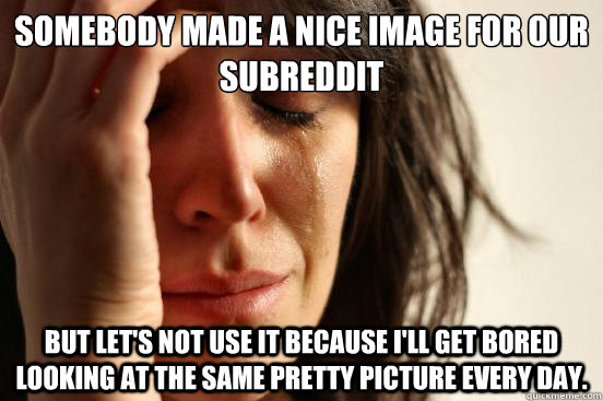 Somebody made a nice image for our subreddit but let's not use it because I'll get bored looking at the same pretty picture every day.  First World Problems