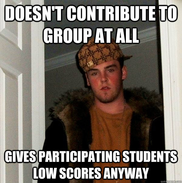 Doesn't contribute to group at all gives participating students low scores anyway  Scumbag Steve
