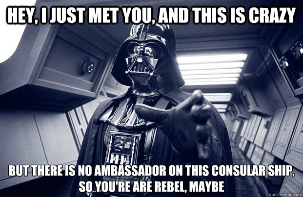 hey, i just met you, and this is crazy but there is no ambassador on this consular ship, 
so you're are rebel, maybe - hey, i just met you, and this is crazy but there is no ambassador on this consular ship, 
so you're are rebel, maybe  Darth Vader