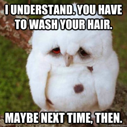 I understand. You have to wash your hair. Maybe next time, then. - I understand. You have to wash your hair. Maybe next time, then.  Emo Owl