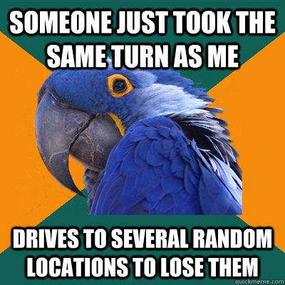 Someone just took the same turn as me drives to several random locations to lose them - Someone just took the same turn as me drives to several random locations to lose them  Paranoid Parrot
