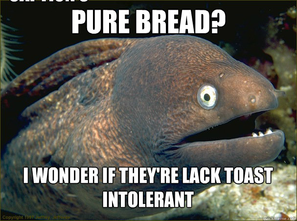 Pure bread? I wonder if they're lack toast intolerant
 Caption 3 goes here  Bad Joke Eel