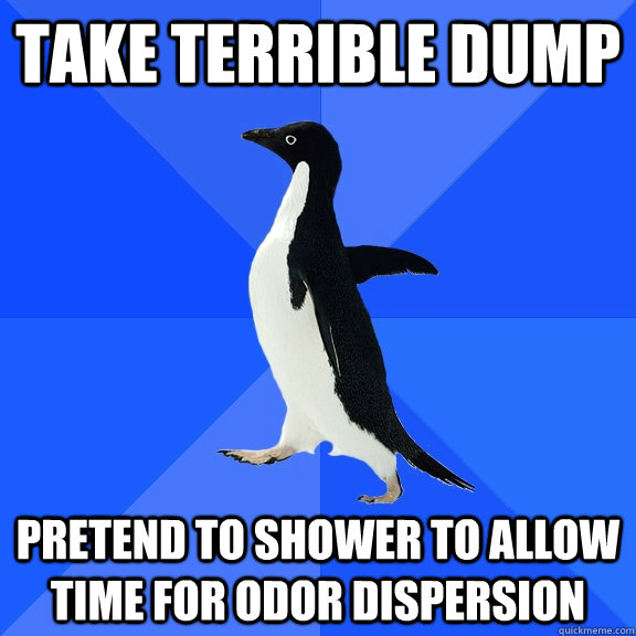 Take terrible dump Pretend to shower to allow time for odor dispersion  Socially Awkward Penguin
