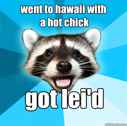 went to hawaii with
 a hot chick got lei'd  Lame Pun Coon