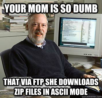 Your mom is so dumb that via ftp she downloads zip files in ascii mode  