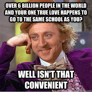 over 6 billion people in the world and your one true love happens to go to the same school as you? well isn't that convenient  