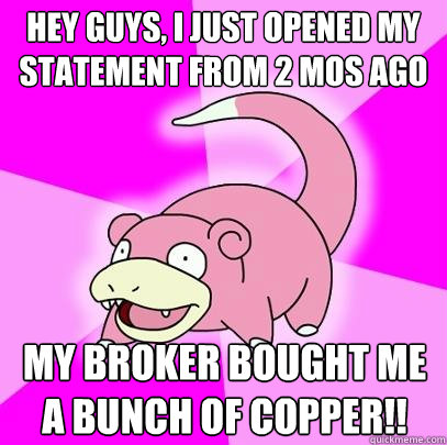 Hey guys, I just opened my statement from 2 mos ago my broker bought me a bunch of copper!!   Slowpoke