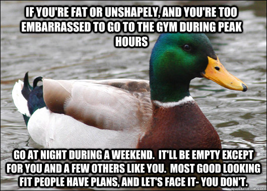 If you're fat or unshapely, and you're too embarrassed to go to the gym during peak hours Go at night during a weekend.  It'll be empty except for you and a few others like you.  Most good looking fit people have plans, and let's face it- you don't.   - If you're fat or unshapely, and you're too embarrassed to go to the gym during peak hours Go at night during a weekend.  It'll be empty except for you and a few others like you.  Most good looking fit people have plans, and let's face it- you don't.    Actual Advice Mallard