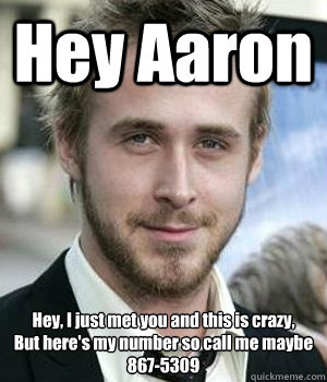 Hey Aaron Hey, I just met you and this is crazy,
But here's my number so call me maybe 
867-5309 - Hey Aaron Hey, I just met you and this is crazy,
But here's my number so call me maybe 
867-5309  Misc