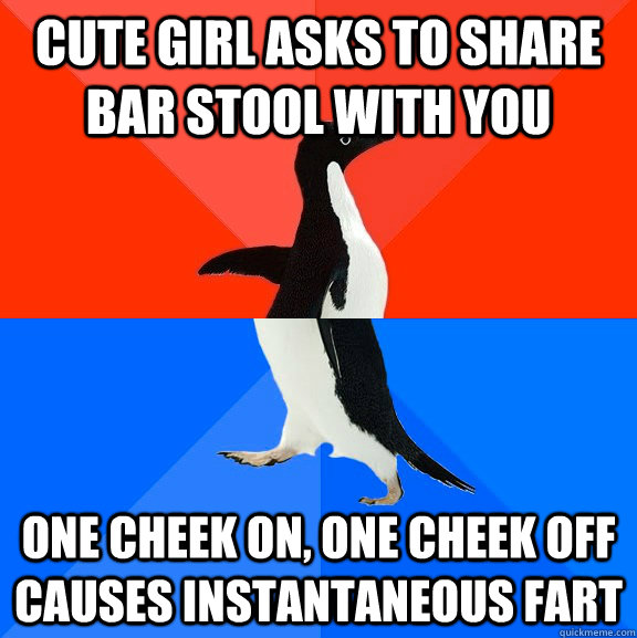 Cute Girl asks to share bar stool with you One cheek on, one cheek off causes instantaneous fart  Socially Awesome Awkward Penguin