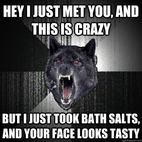 Hey i just met you, and this is crazy but i just took bath salts, and your face looks tasty  Insanity Wolf