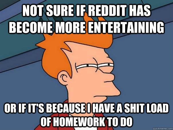 not sure if reddit has become more entertaining Or if it's because i have a shit load of homework to do  Futurama Fry