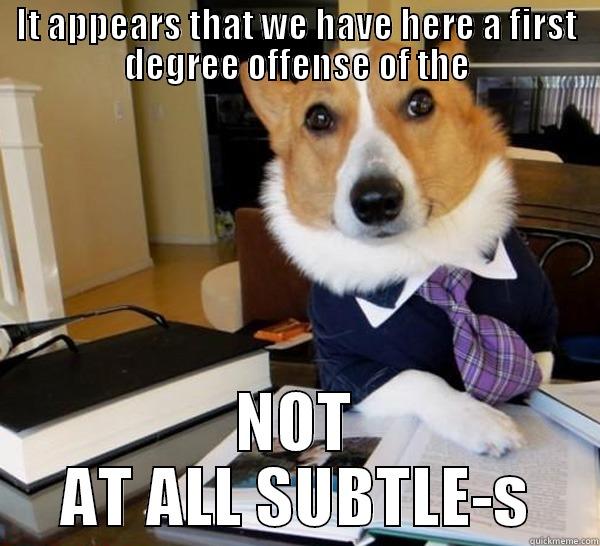 IT APPEARS THAT WE HAVE HERE A FIRST DEGREE OFFENSE OF THE NOT AT ALL SUBTLE-S Lawyer Dog