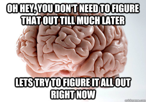 oh hey, you don't need to figure that out till much later  lets try to figure it all out right now   Scumbag Brain