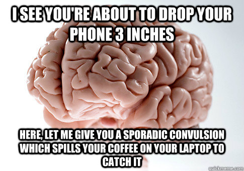i see you're about to drop your phone 3 inches Here, let me give you a sporadic convulsion which spills your coffee on your laptop to catch it  Scumbag Brain