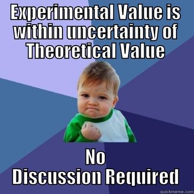 EXPERIMENTAL VALUE IS WITHIN UNCERTAINTY OF THEORETICAL VALUE NO DISCUSSION REQUIRED Success Kid