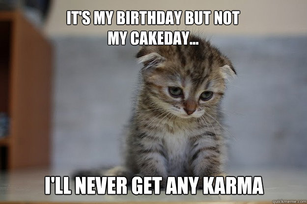 It's my birthday but not
my cakeday... i'll never get any karma  Sad Kitten
