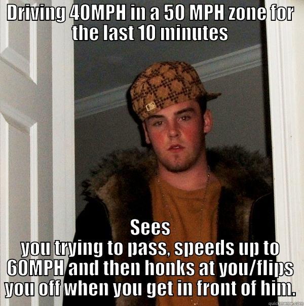 Then after all of this he just slowed down again... - DRIVING 40MPH IN A 50 MPH ZONE FOR THE LAST 10 MINUTES SEES YOU TRYING TO PASS, SPEEDS UP TO 60MPH AND THEN HONKS AT YOU/FLIPS YOU OFF WHEN YOU GET IN FRONT OF HIM. Scumbag Steve