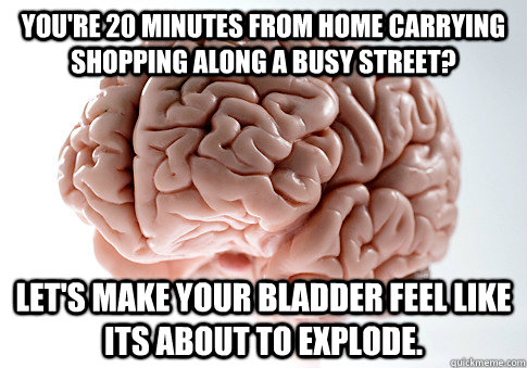 You're 20 minutes from home carrying shopping along a busy street? Let's make your bladder feel like its about to explode.  Scumbag Brain