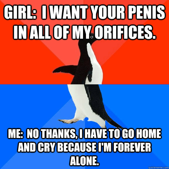 Girl:  I want your penis in all of my orifices. Me:  No thanks, I have to go home and cry because I'm forever alone.    Socially Awesome Awkward Penguin
