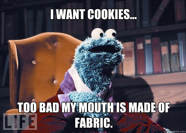 i want cookies... too bad my mouth is made of fabric.  Cookieman