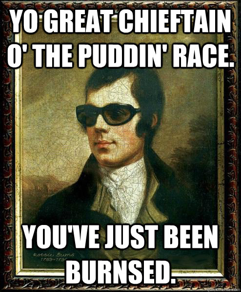 Yo great chieftain o' the puddin' race. You've just been burnsed.  