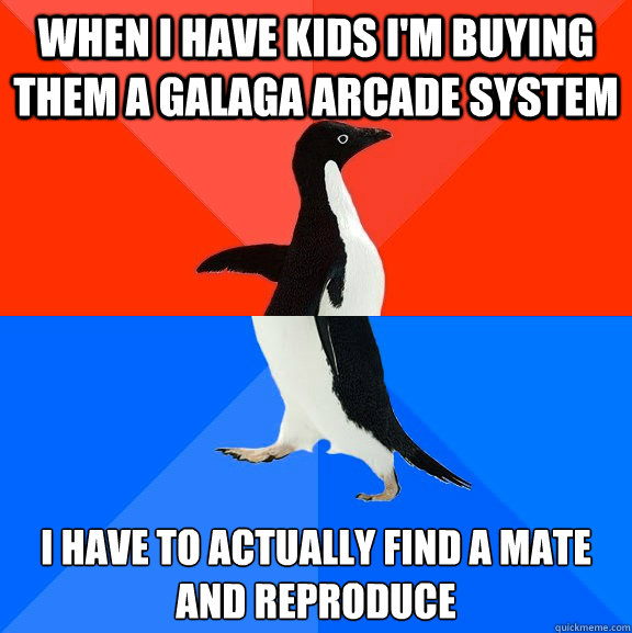 When I have kids I'm buying them a Galaga arcade system I have to actually find a mate and reproduce  Socially Awesome Awkward Penguin