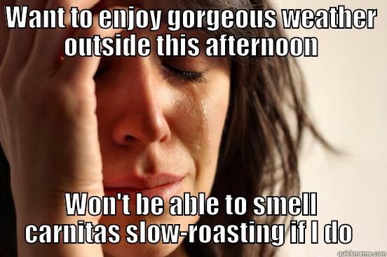 WANT TO ENJOY GORGEOUS WEATHER OUTSIDE THIS AFTERNOON WON'T BE ABLE TO SMELL CARNITAS SLOW-ROASTING IF I DO  First World Problems