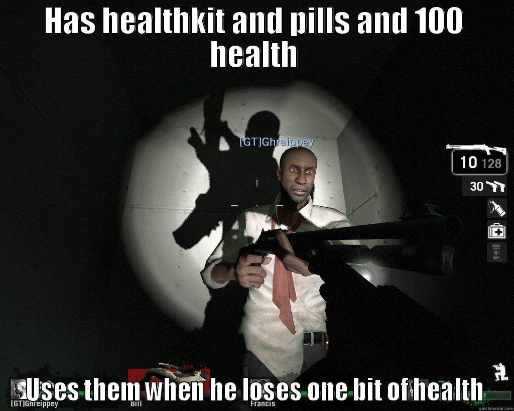 HAS HEALTHKIT AND PILLS AND 100 HEALTH USES THEM WHEN HE LOSES ONE BIT OF HEALTH Misc