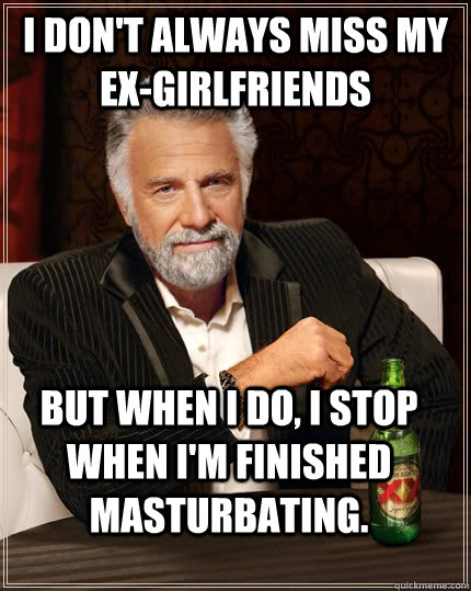I don't always miss my ex-girlfriends But when I do, I stop when I'm finished masturbating.  The Most Interesting Man In The World
