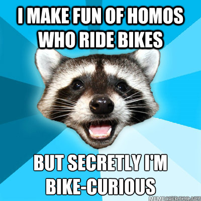 I make fun of homos who ride bikes But secretly I'm 
bike-curious    Lame Pun Raccoon